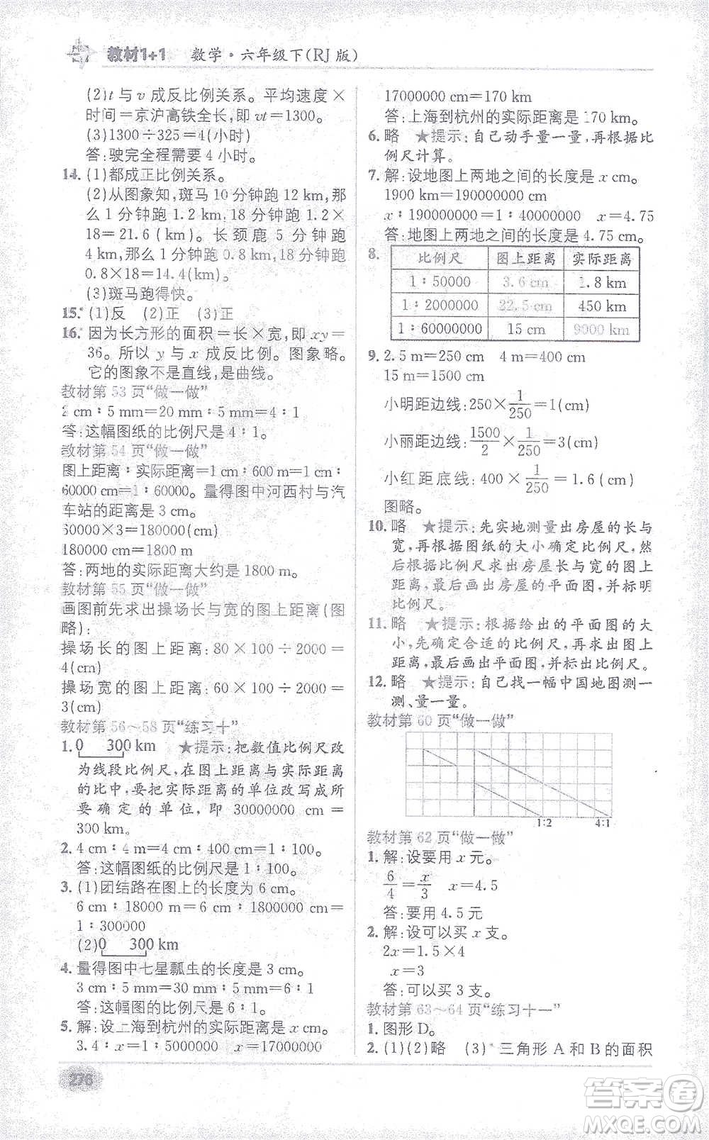 新疆青少年出版社2021教材1+1全解精練六年級下冊數(shù)學(xué)人教版參考答案