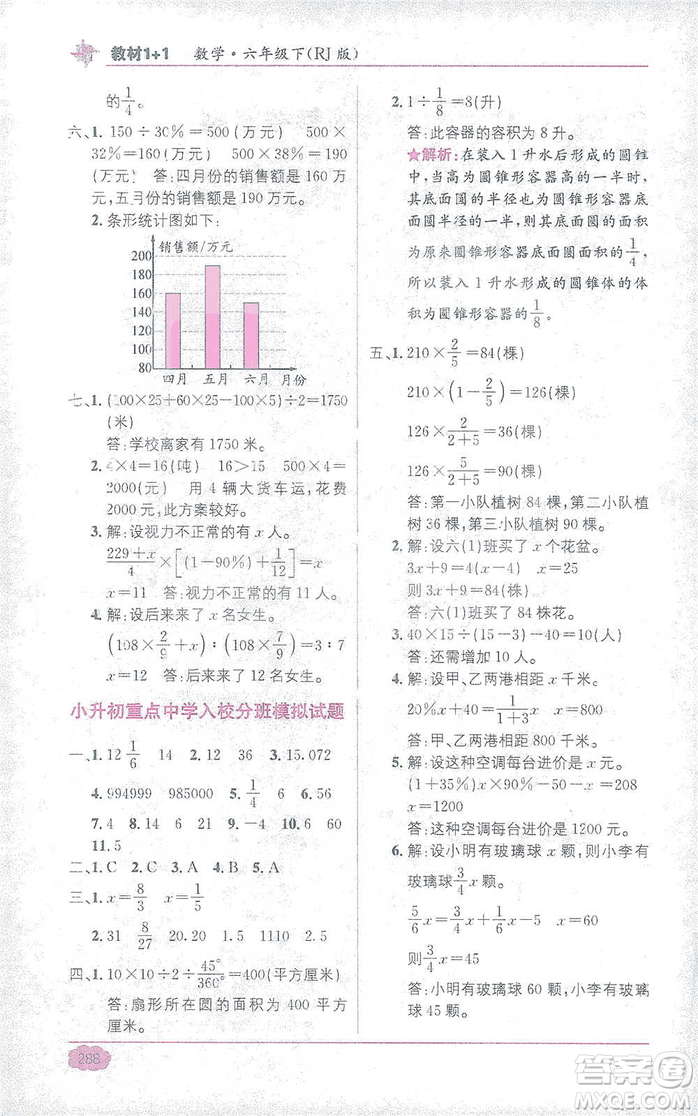 新疆青少年出版社2021教材1+1全解精練六年級下冊數(shù)學(xué)人教版參考答案