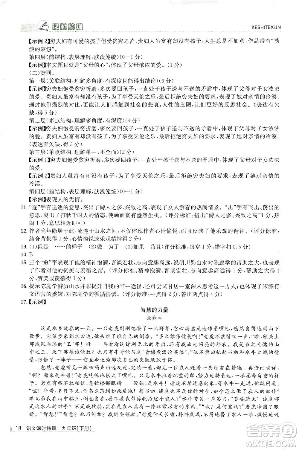 浙江人民出版社2021課時特訓九年級語文下冊人教版答案