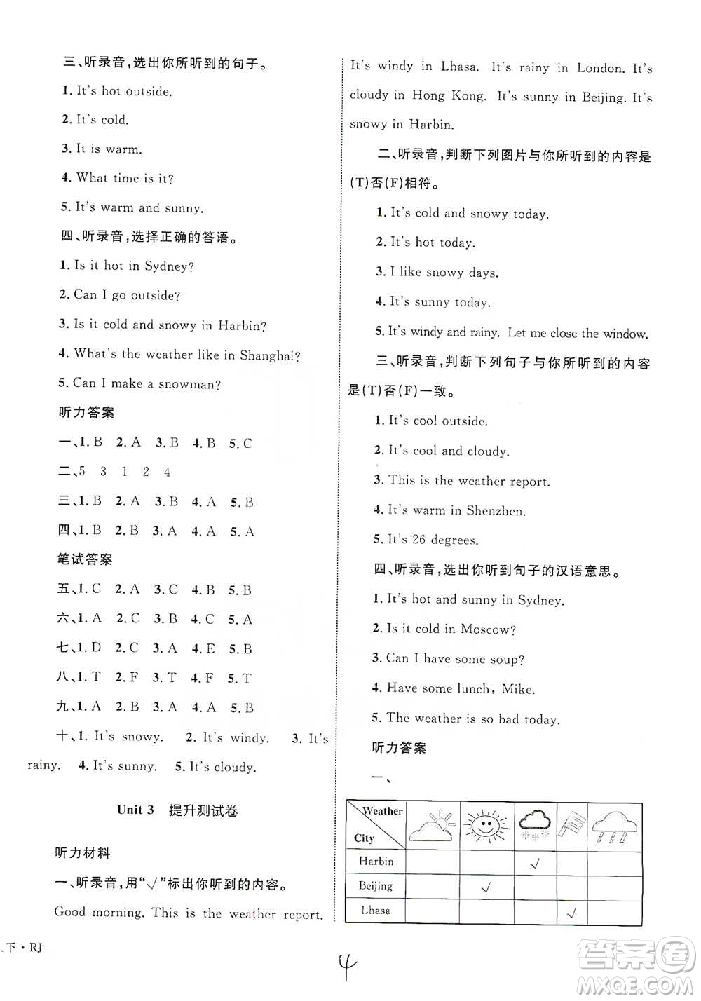 知識出版社2021優(yōu)化設(shè)計單元測試卷四年級下冊英語人教版參考答案