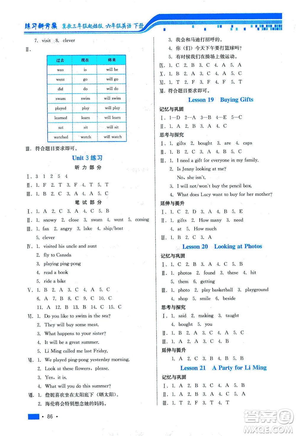 河北科學(xué)技術(shù)出版社2021練習(xí)新方案英語三年級(jí)起點(diǎn)六年級(jí)下冊(cè)冀教版答案