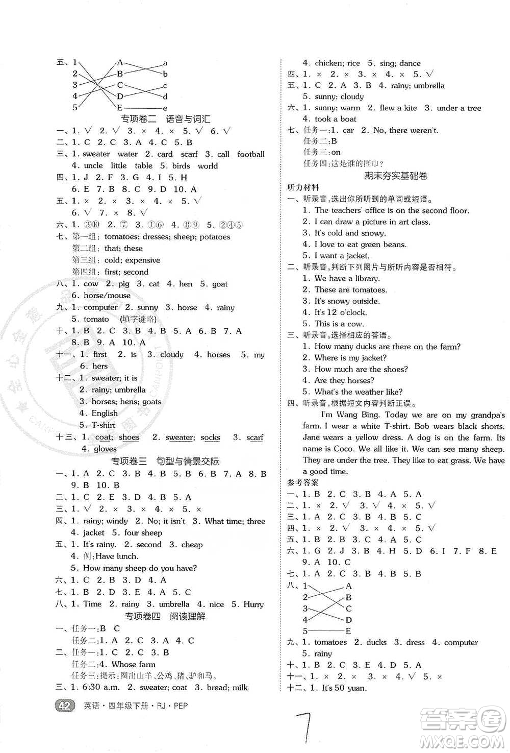 陽光出版社2021全品小復(fù)習(xí)四年級(jí)下冊(cè)英語人教版參考答案