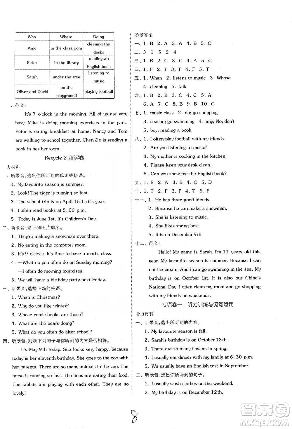 陽光出版社2021全品小復習五年級下冊英語人教版參考答案