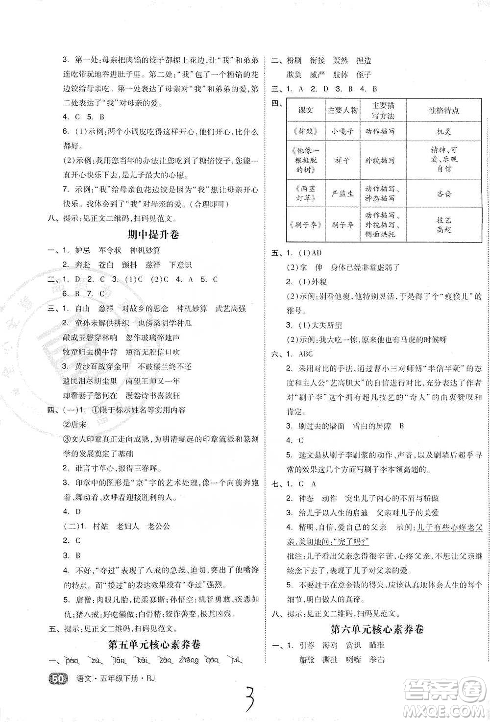 陽光出版社2021全品小復習五年級下冊語文人教版參考答案