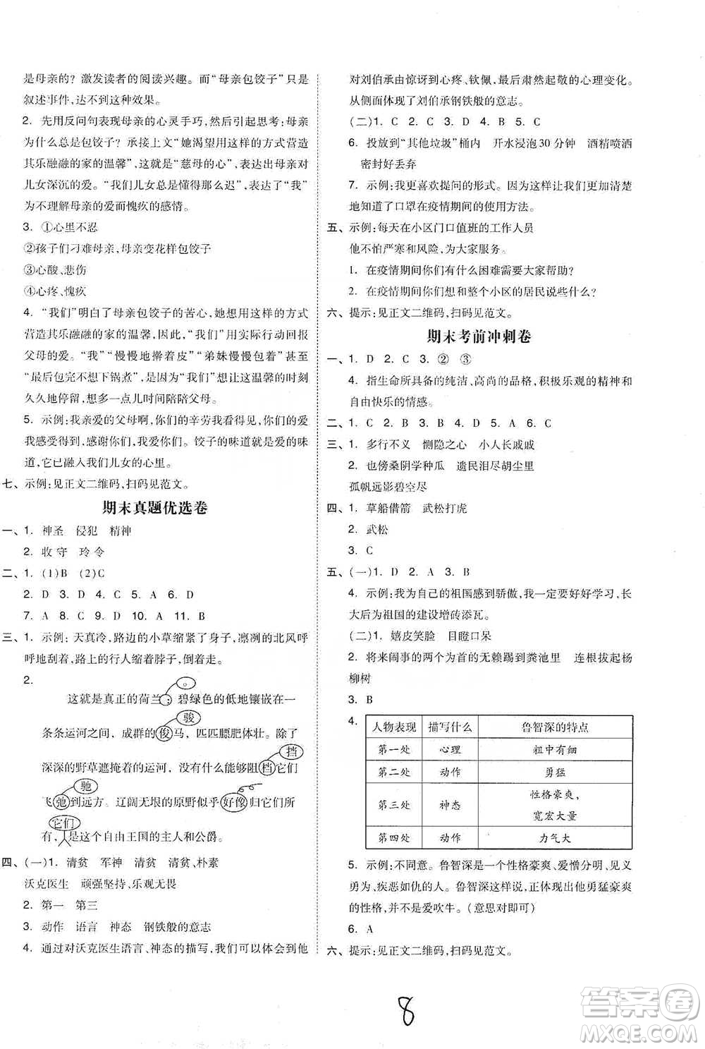 陽光出版社2021全品小復習五年級下冊語文人教版參考答案