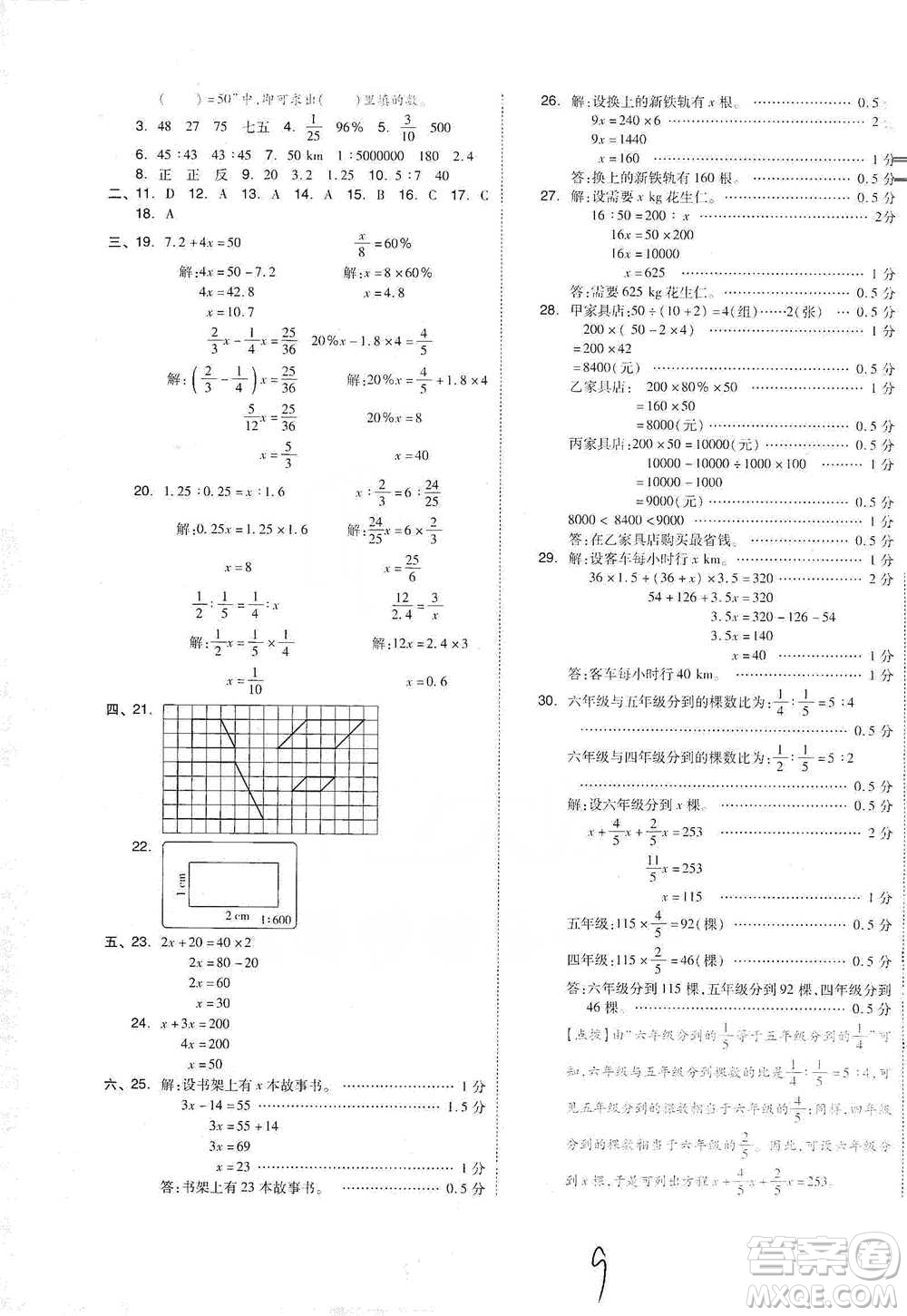 陽光出版社2021全品小復習六年級下冊數(shù)學人教版參考答案