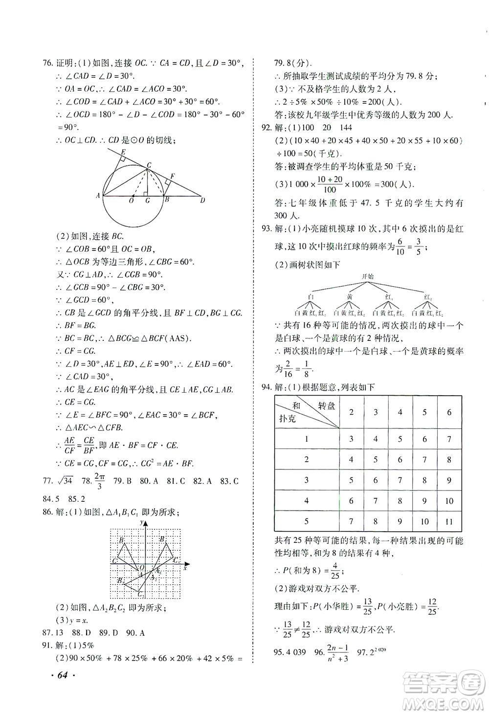 延邊教育出版社2021本土攻略精準(zhǔn)復(fù)習(xí)方案九年級(jí)數(shù)學(xué)下冊(cè)人教版答案