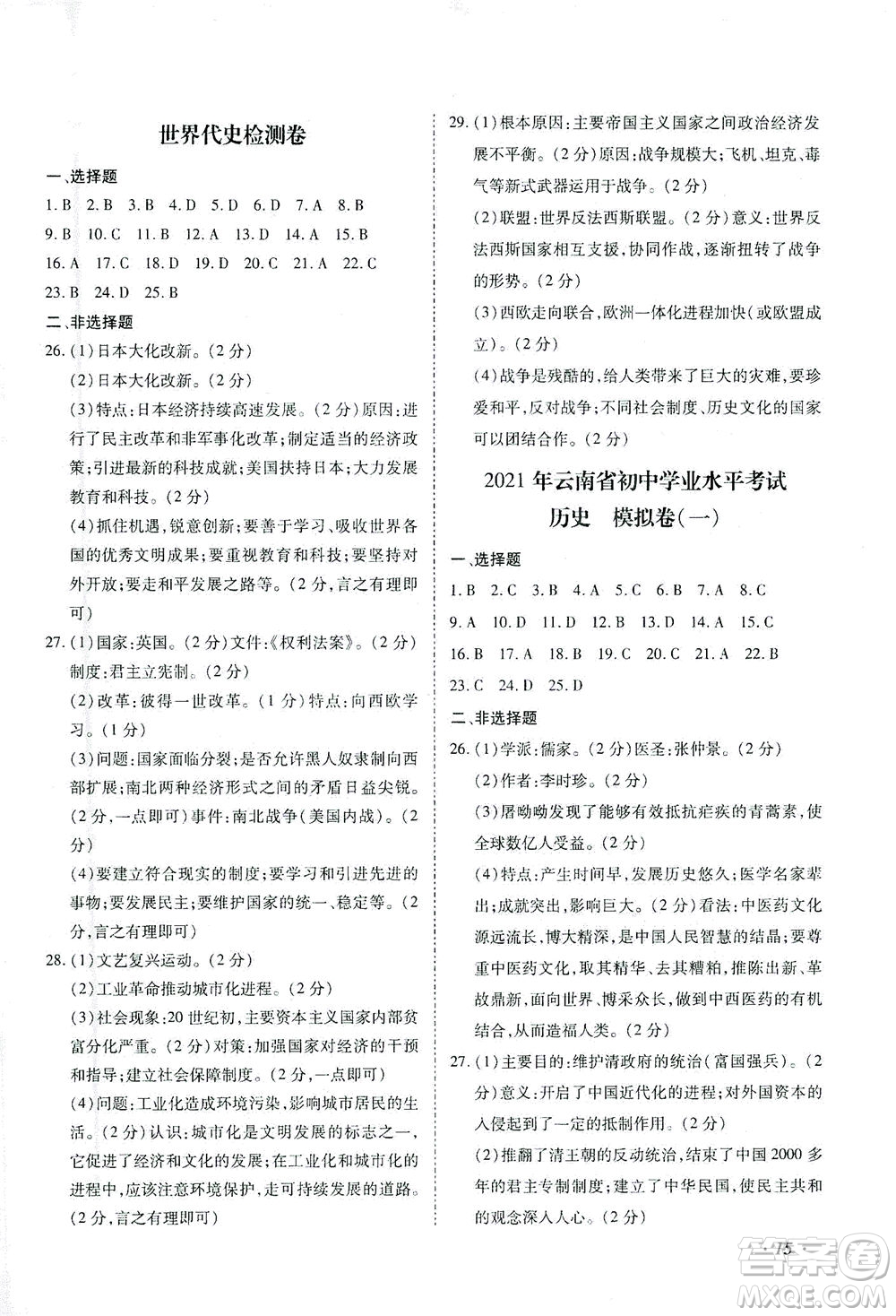 延邊教育出版社2021本土攻略精準(zhǔn)復(fù)習(xí)方案九年級(jí)歷史下冊人教版云南專版答案