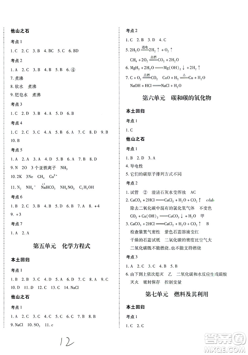 延邊教育出版社2021本土攻略精準復習方案九年級化學下冊人教版云南專版答案