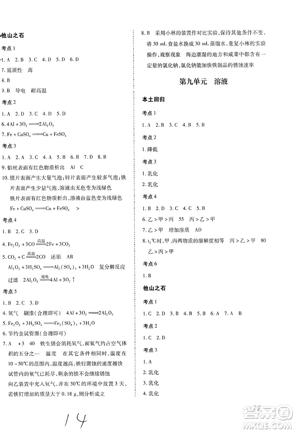 延邊教育出版社2021本土攻略精準復習方案九年級化學下冊人教版云南專版答案