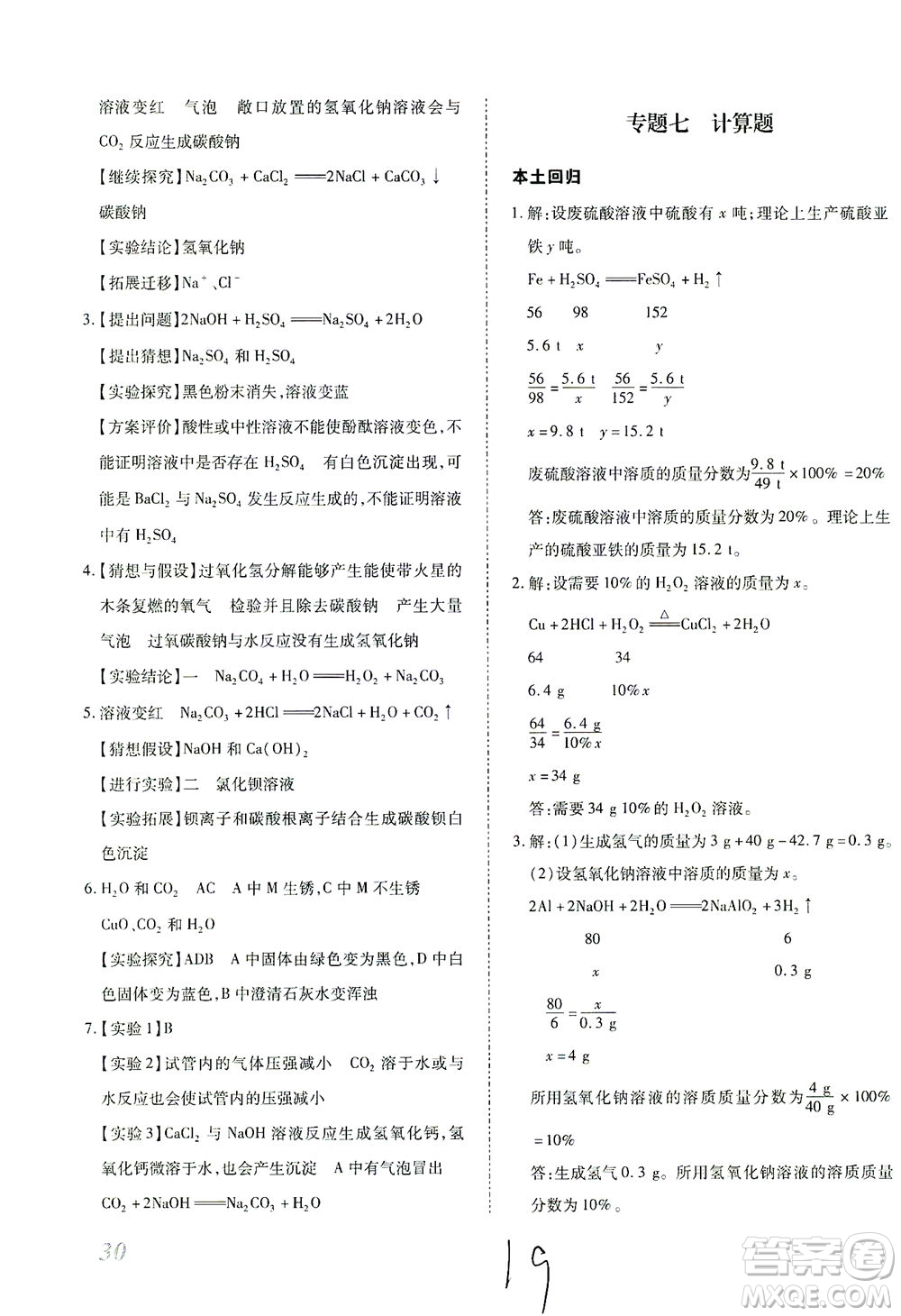 延邊教育出版社2021本土攻略精準復習方案九年級化學下冊人教版云南專版答案