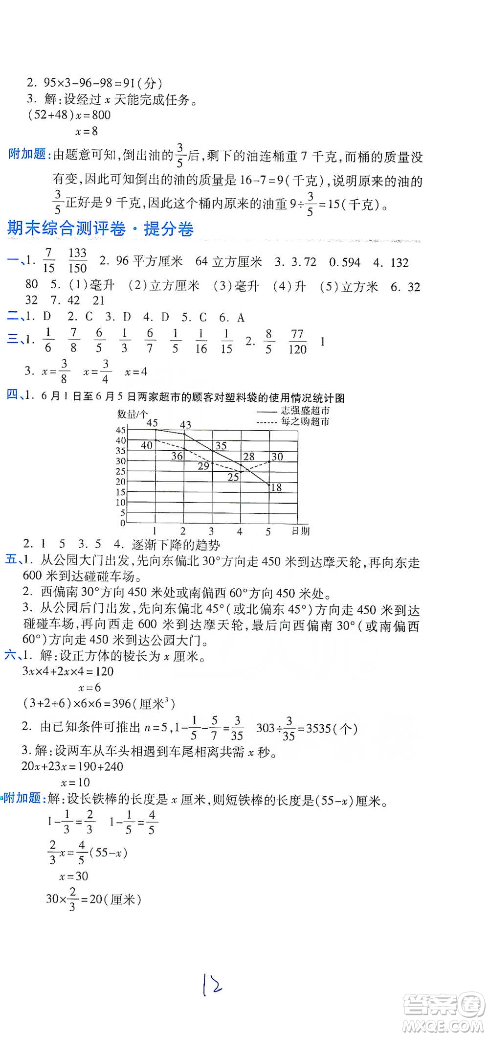 開(kāi)明出版社2021期末100分沖刺卷五年級(jí)下冊(cè)數(shù)學(xué)北師版參考答案