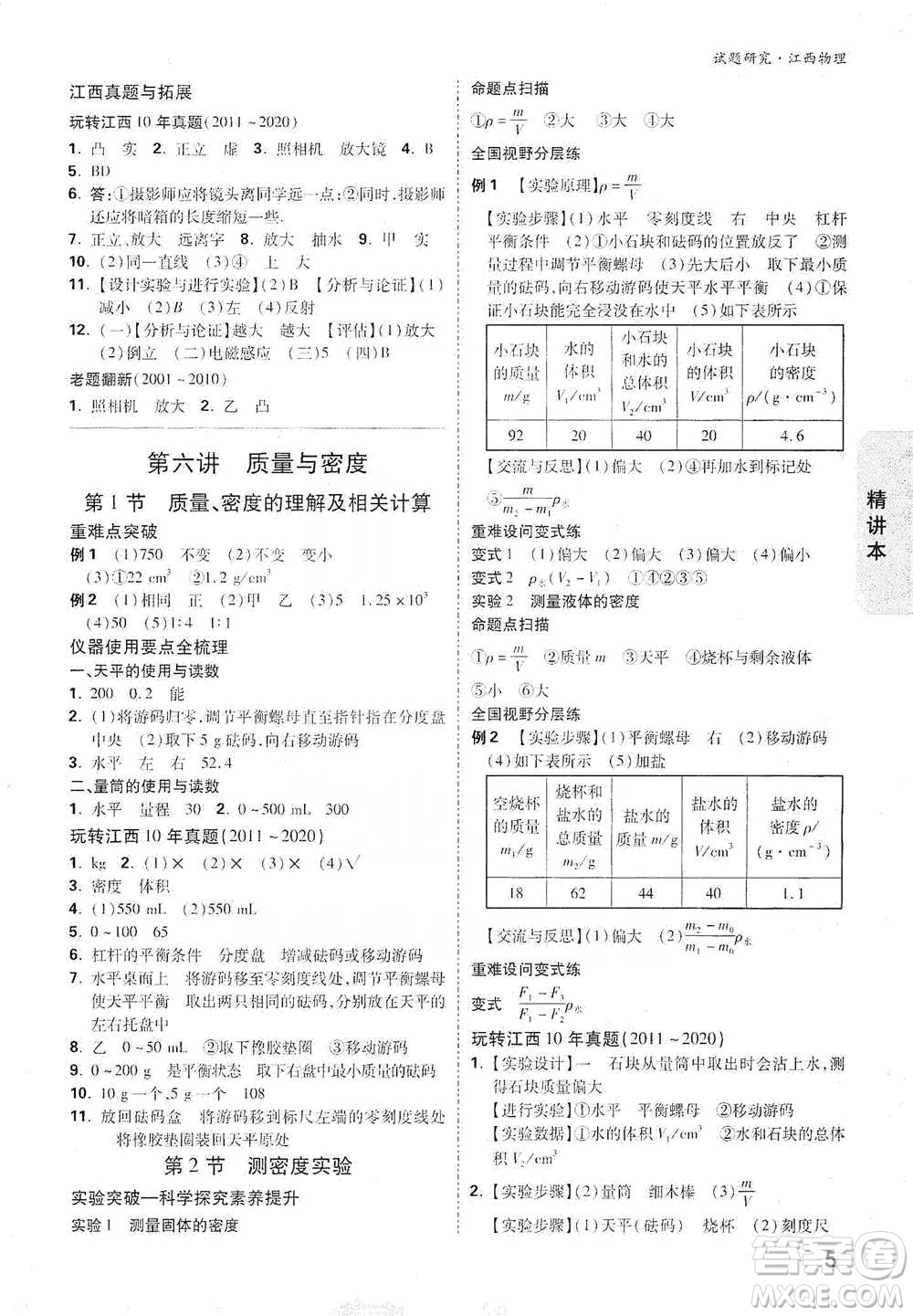 新疆青少年出版社2021萬(wàn)唯中考試題研究物理江西專版參考答案