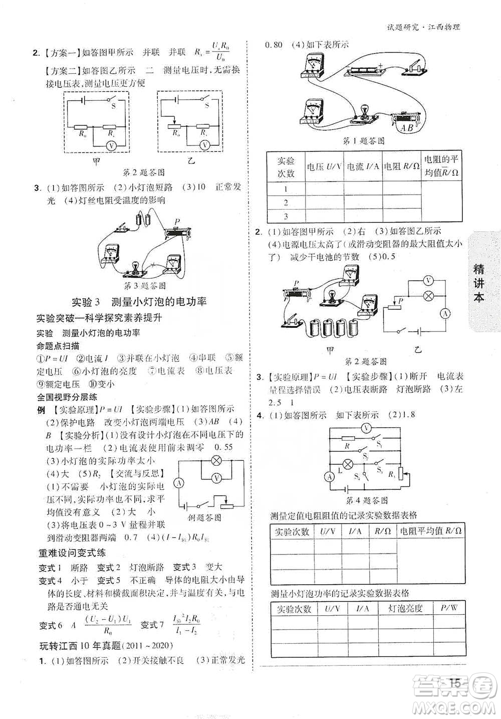 新疆青少年出版社2021萬(wàn)唯中考試題研究物理江西專版參考答案