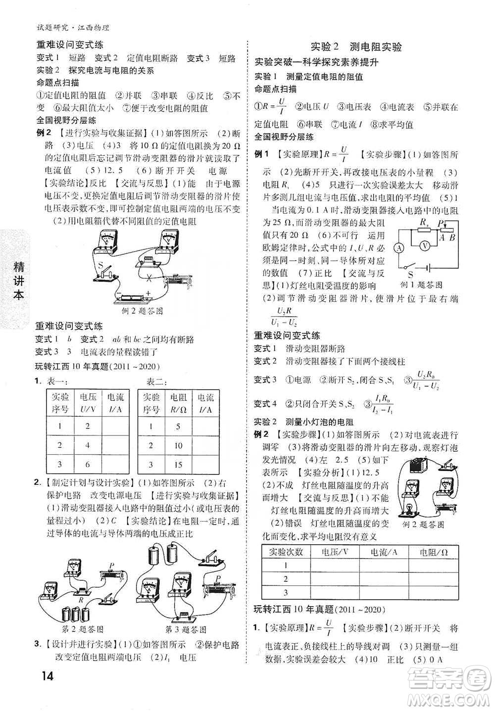 新疆青少年出版社2021萬(wàn)唯中考試題研究物理江西專版參考答案