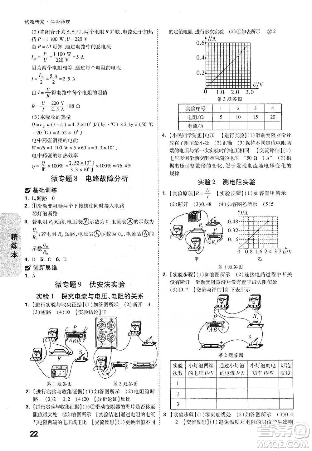 新疆青少年出版社2021萬(wàn)唯中考試題研究物理江西專版參考答案