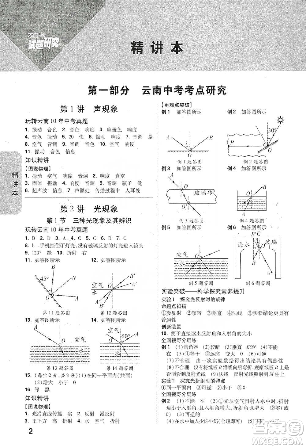 新疆青少年出版社2021萬唯中考試題研究物理云南專版通用版參考答案