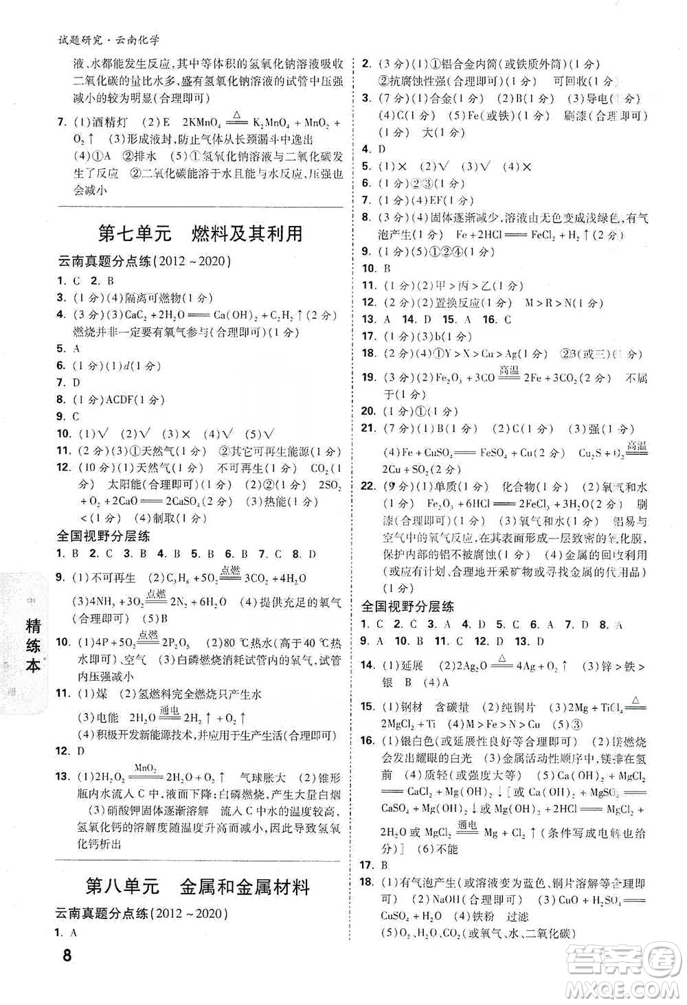 新疆青少年出版社2021萬(wàn)唯中考試題研究化學(xué)云南專版通用版參考答案