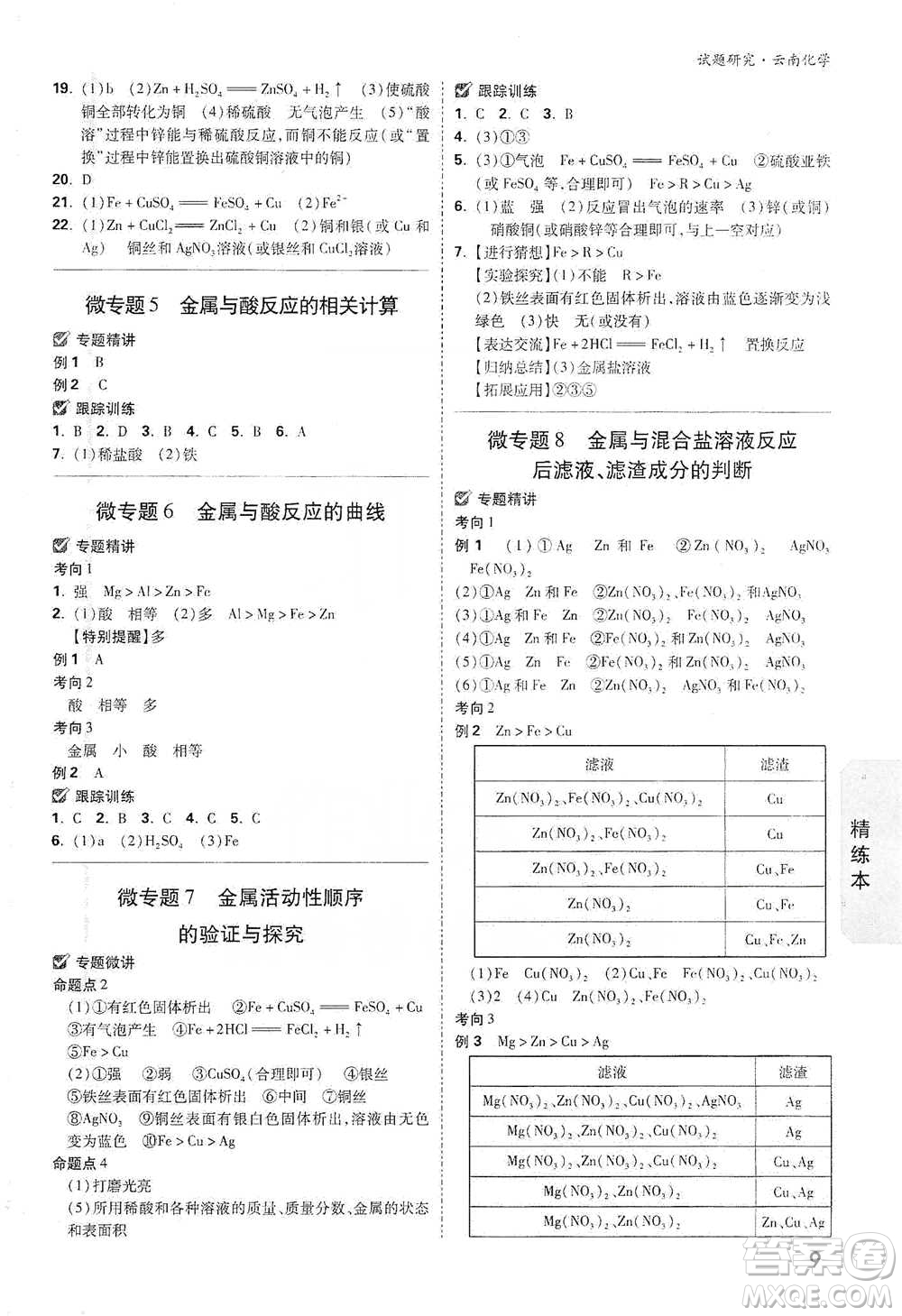 新疆青少年出版社2021萬(wàn)唯中考試題研究化學(xué)云南專版通用版參考答案