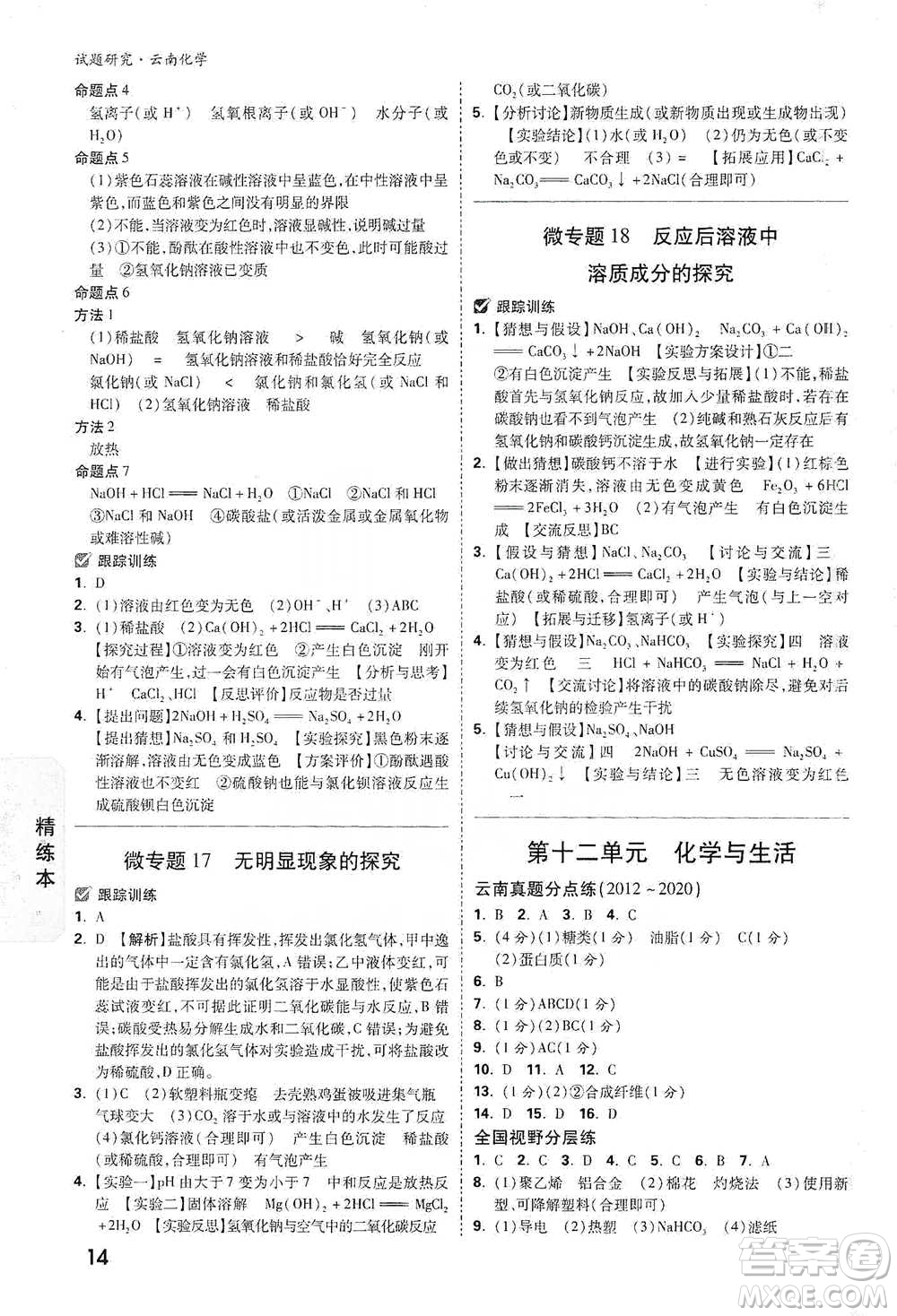 新疆青少年出版社2021萬(wàn)唯中考試題研究化學(xué)云南專版通用版參考答案