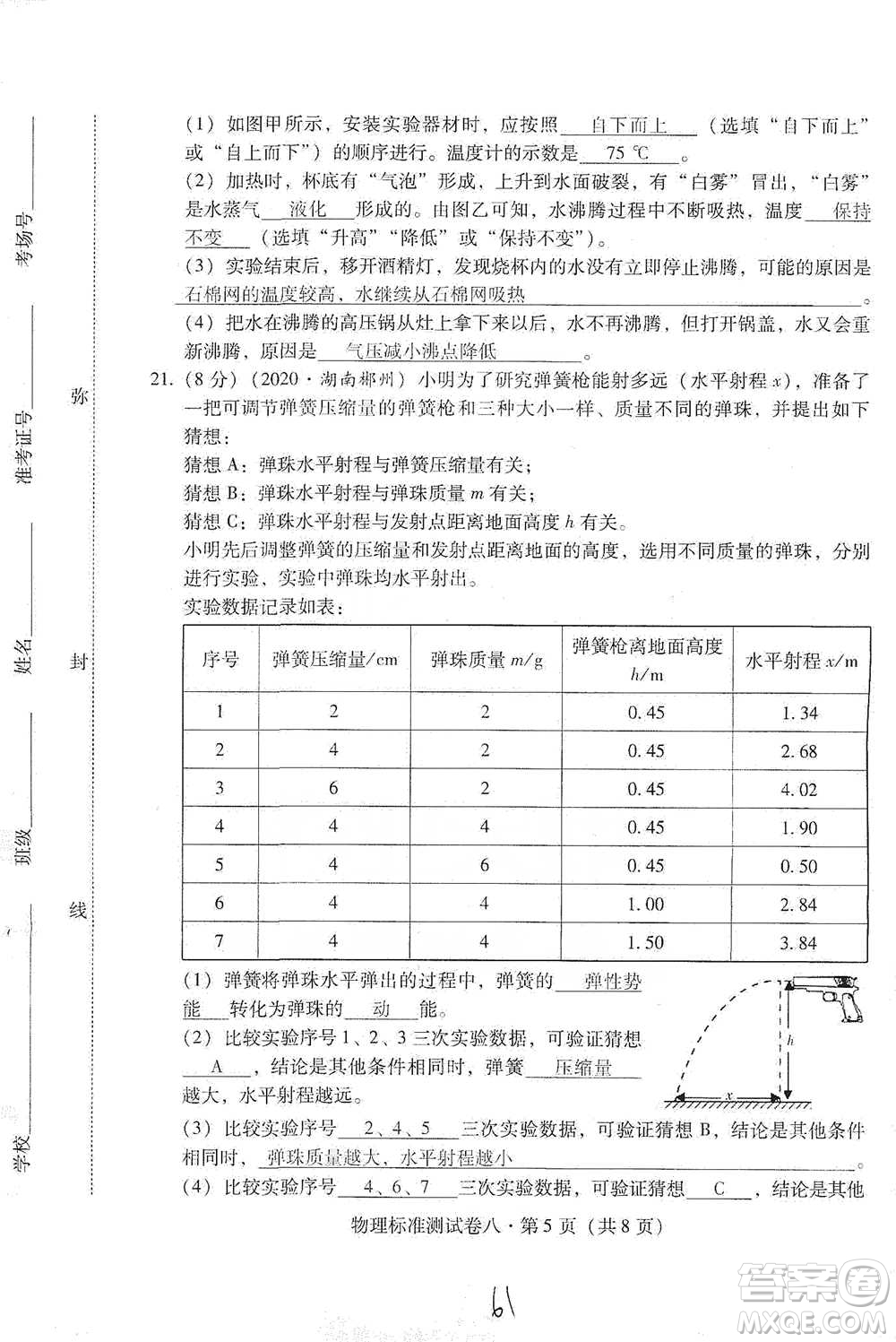 云南教育出版社2021優(yōu)佳學(xué)案云南省初中學(xué)業(yè)水平考試標(biāo)準(zhǔn)測(cè)試卷物理參考答案