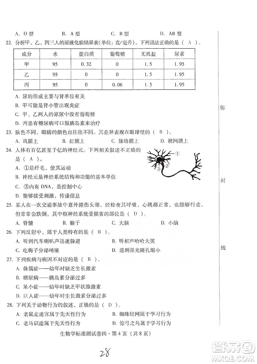 云南教育出版社2021優(yōu)佳學(xué)案云南省初中學(xué)業(yè)水平考試標(biāo)準(zhǔn)測試卷生物學(xué)參考答案