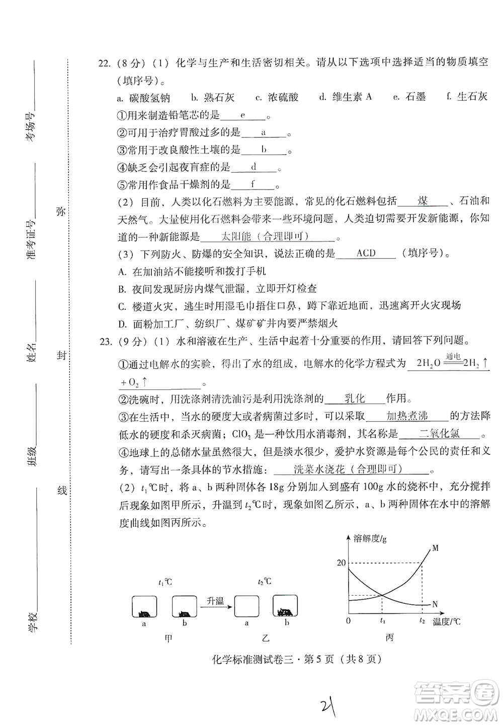 云南教育出版社2021優(yōu)佳學(xué)案云南省初中學(xué)業(yè)水平考試標(biāo)準(zhǔn)測(cè)試卷化學(xué)參考答案