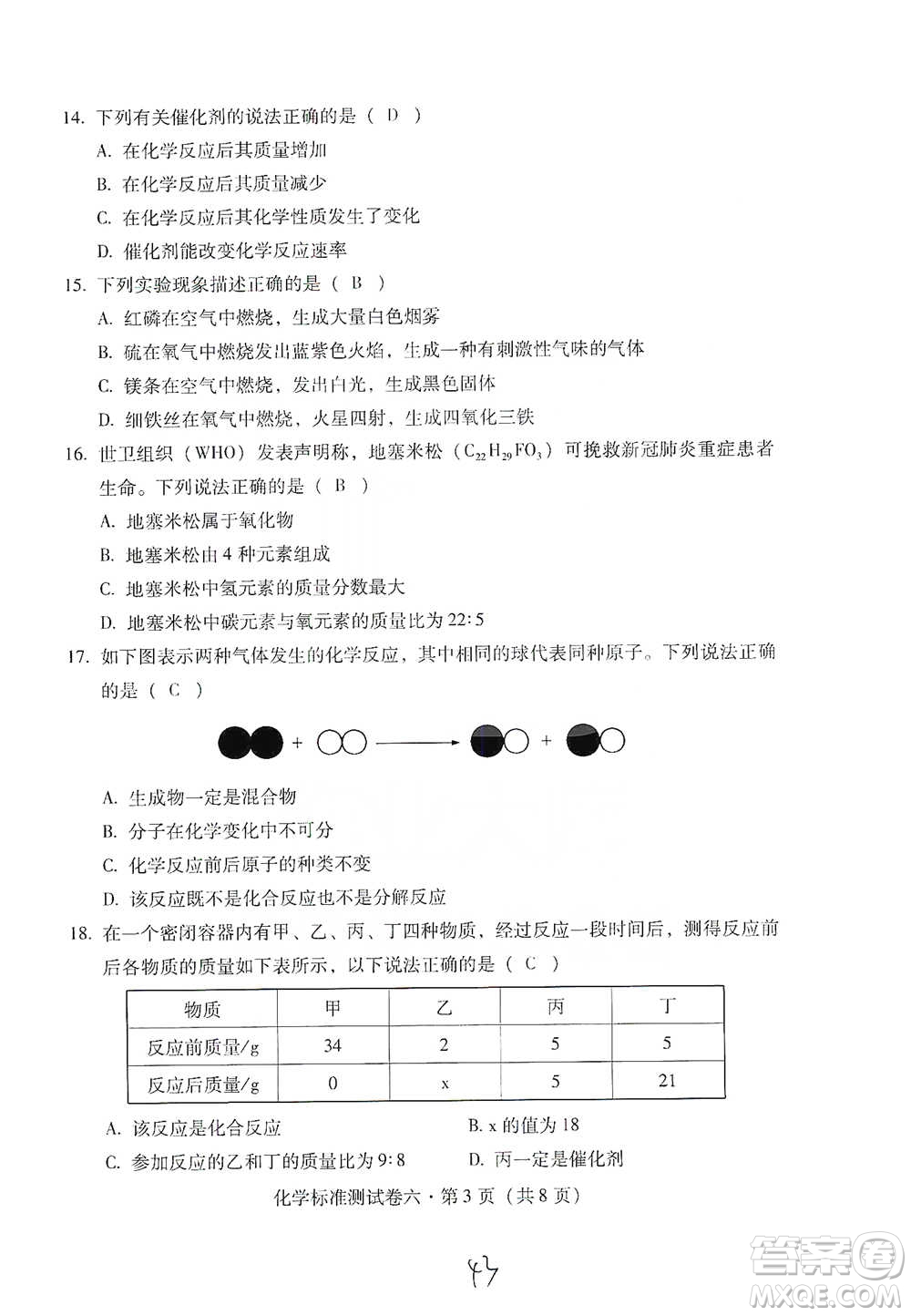 云南教育出版社2021優(yōu)佳學(xué)案云南省初中學(xué)業(yè)水平考試標(biāo)準(zhǔn)測(cè)試卷化學(xué)參考答案