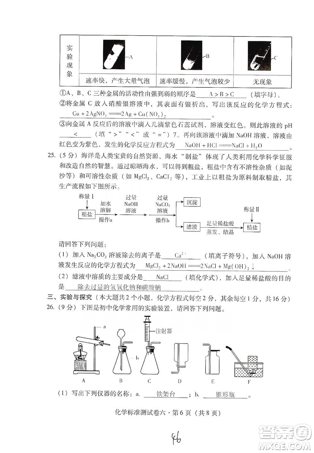 云南教育出版社2021優(yōu)佳學(xué)案云南省初中學(xué)業(yè)水平考試標(biāo)準(zhǔn)測(cè)試卷化學(xué)參考答案