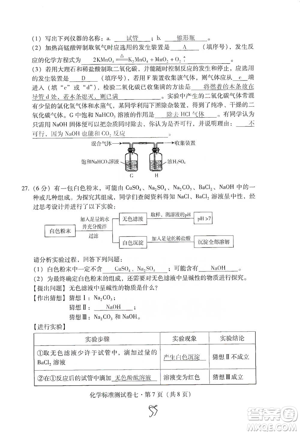 云南教育出版社2021優(yōu)佳學(xué)案云南省初中學(xué)業(yè)水平考試標(biāo)準(zhǔn)測(cè)試卷化學(xué)參考答案