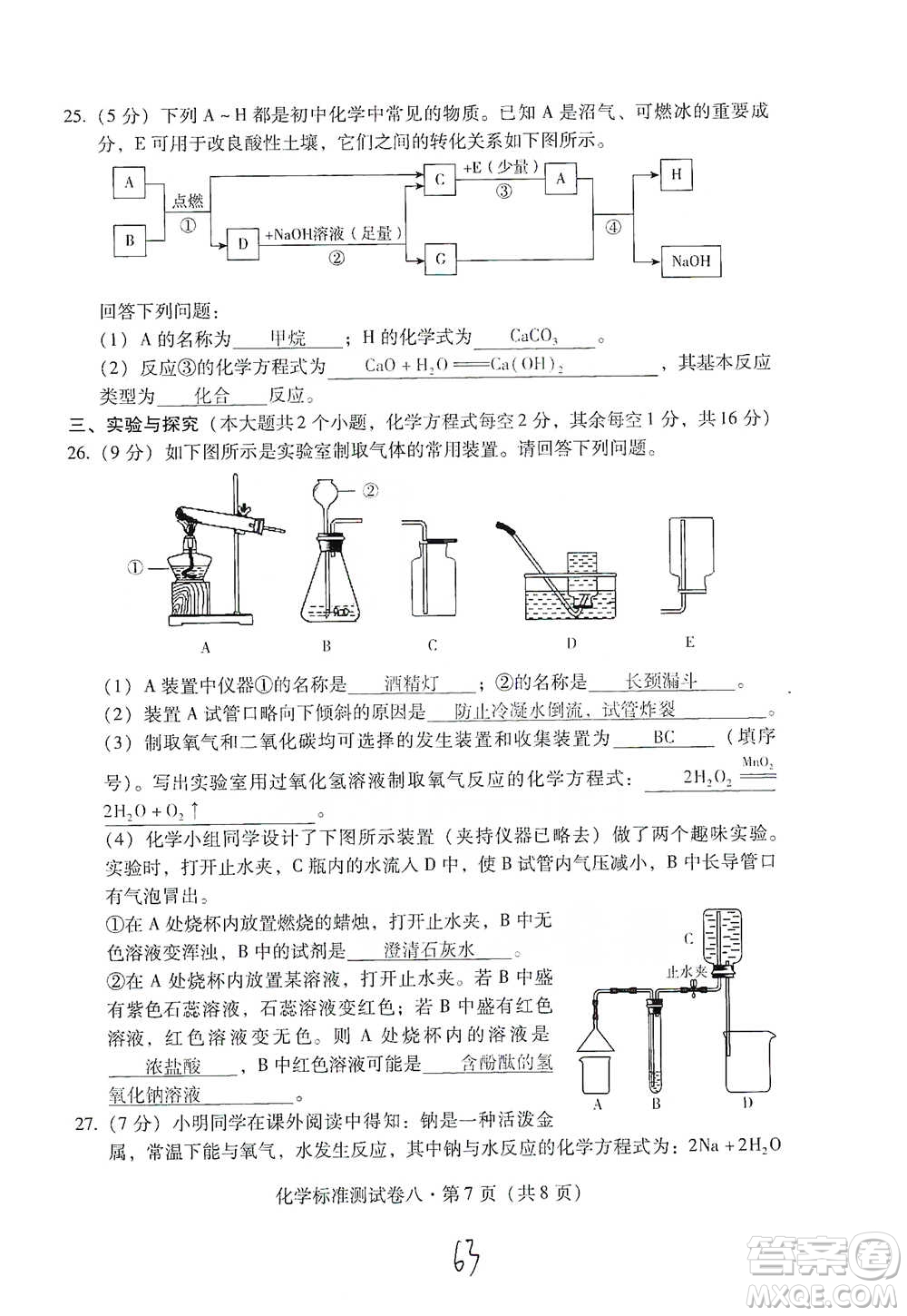 云南教育出版社2021優(yōu)佳學(xué)案云南省初中學(xué)業(yè)水平考試標(biāo)準(zhǔn)測(cè)試卷化學(xué)參考答案