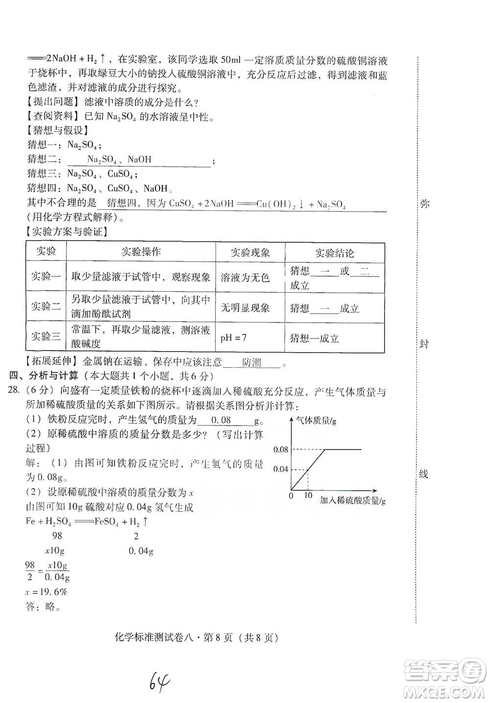 云南教育出版社2021優(yōu)佳學(xué)案云南省初中學(xué)業(yè)水平考試標(biāo)準(zhǔn)測(cè)試卷化學(xué)參考答案