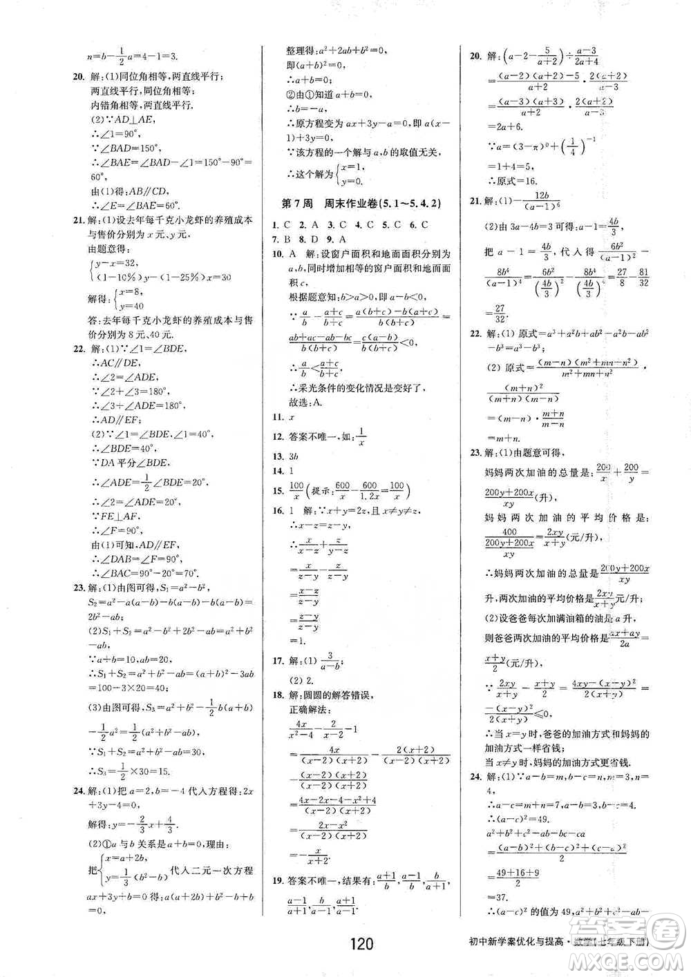 天津科學(xué)技術(shù)出版社2021初中新學(xué)案優(yōu)化與提高數(shù)學(xué)七年級下冊參考答案