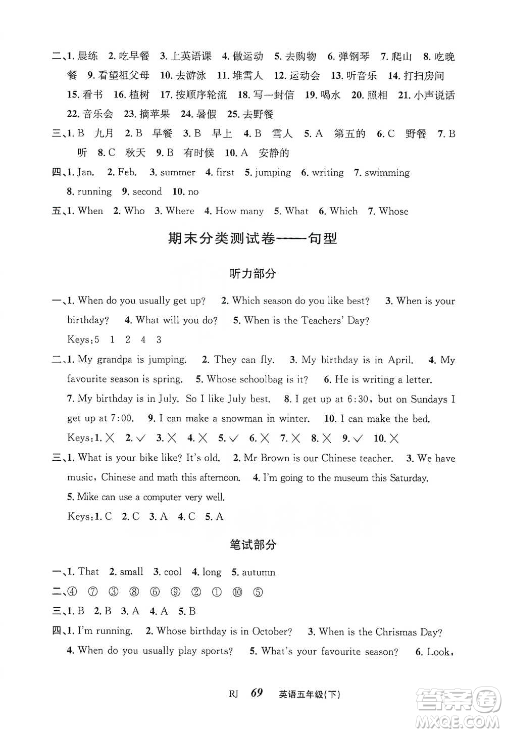 云南科技出版社2021創(chuàng)新成功學習同步導學五年級下冊英語人教版參考答案