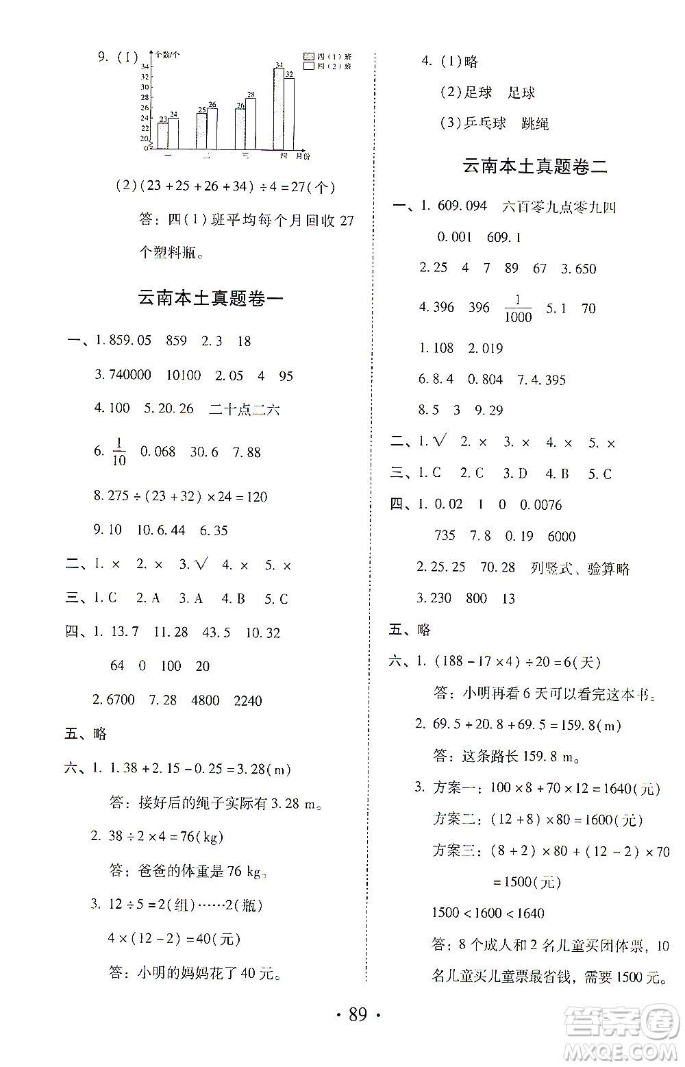 內(nèi)蒙古少年兒童出版社2021本土第1卷四年級(jí)數(shù)學(xué)下冊(cè)人教版答案