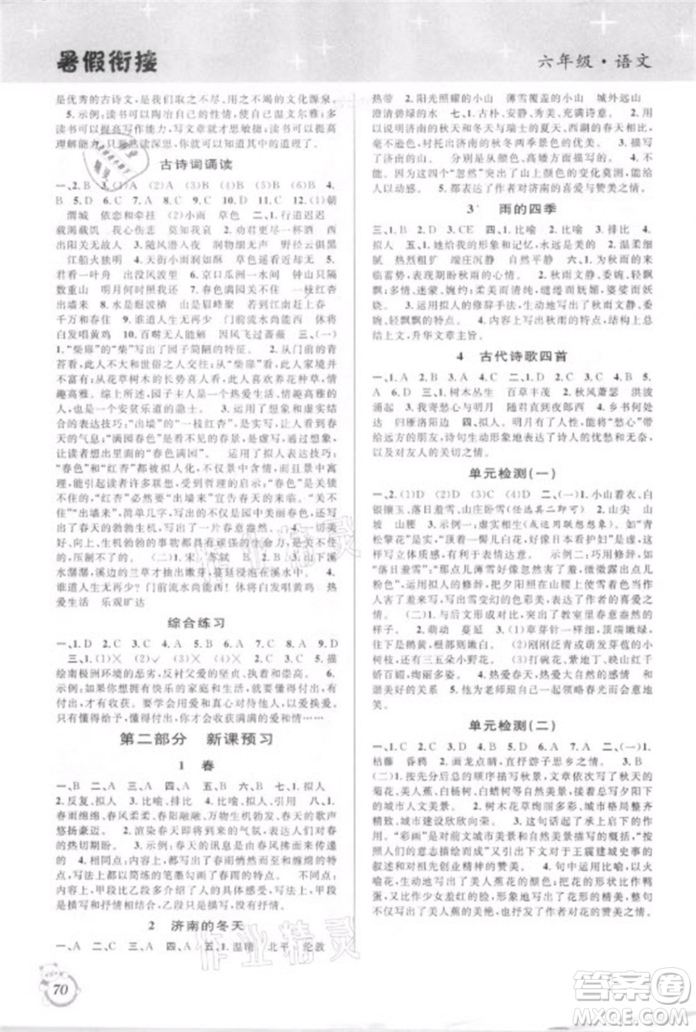 安徽人民出版社2021第三學(xué)期暑假銜接語(yǔ)文六年級(jí)小升初人教版答案