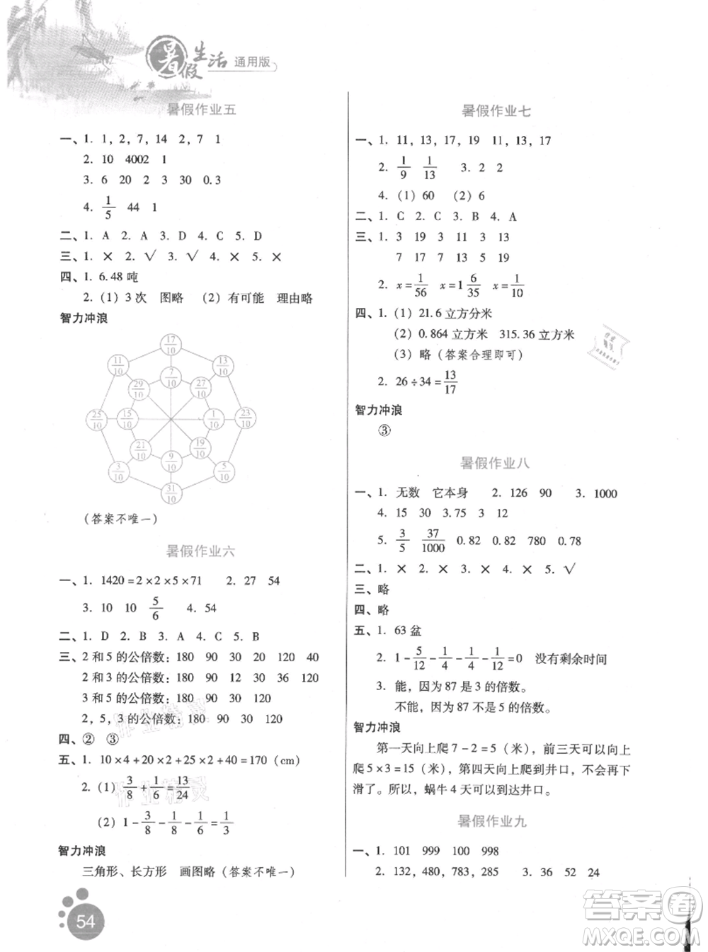 河北少年兒童出版社2021暑假生活五年級(jí)數(shù)學(xué)通用版參考答案