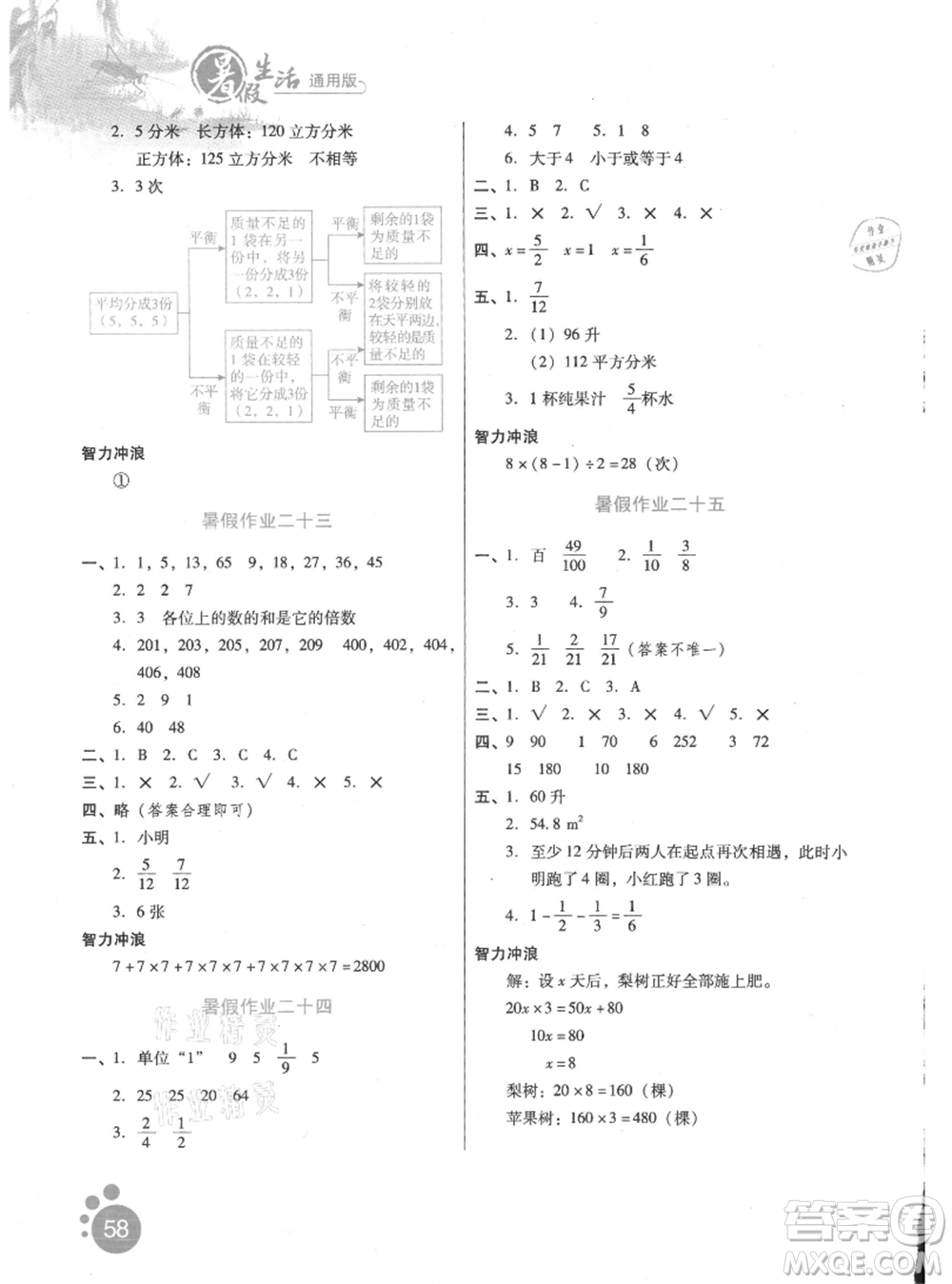 河北少年兒童出版社2021暑假生活五年級(jí)數(shù)學(xué)通用版參考答案