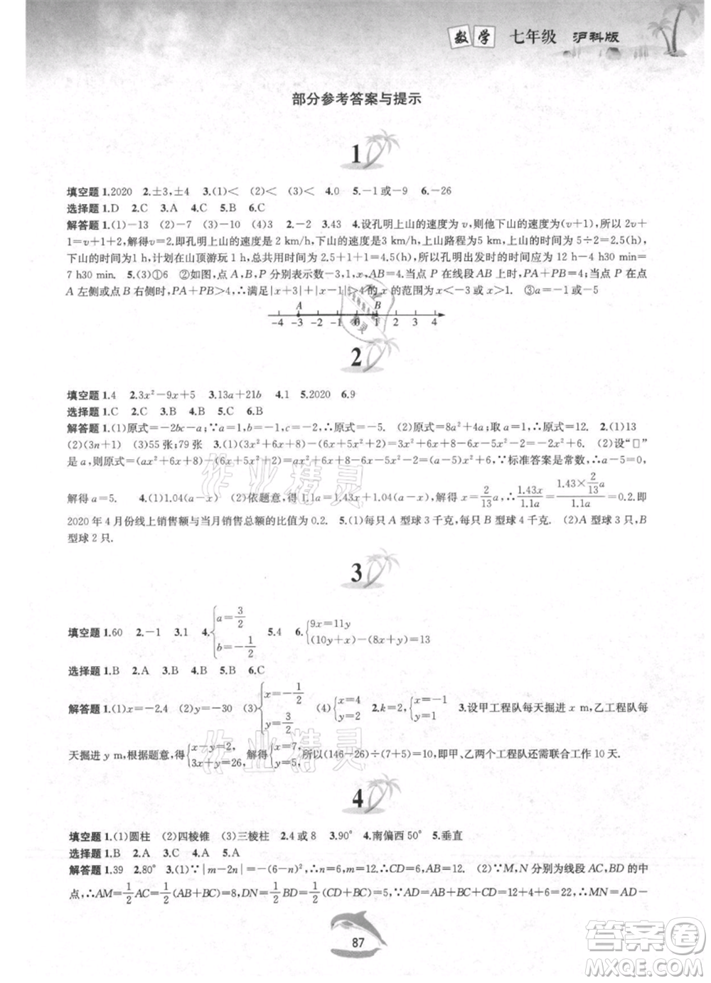 黃山書社2021暑假作業(yè)七年級(jí)數(shù)學(xué)滬科版參考答案