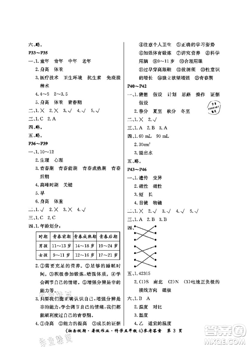 湖南大學(xué)出版社2021湘岳假期暑假作業(yè)五年級(jí)科學(xué)第四版湘科版答案