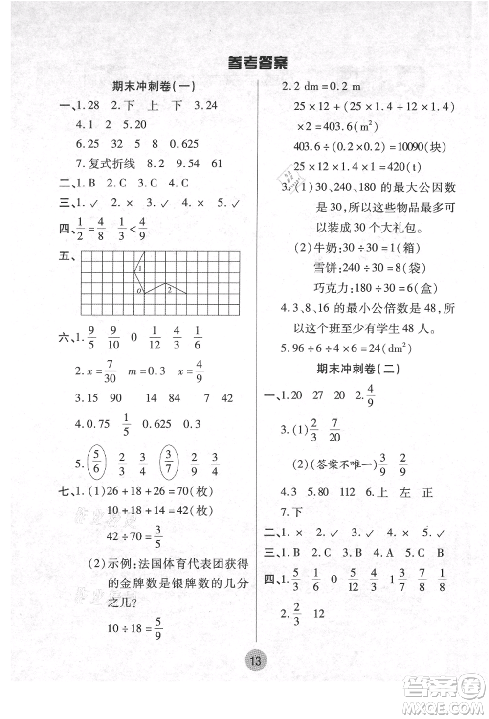 武漢大學(xué)出版社2021培優(yōu)小狀元暑假作業(yè)五年級(jí)數(shù)學(xué)人教版參考答案