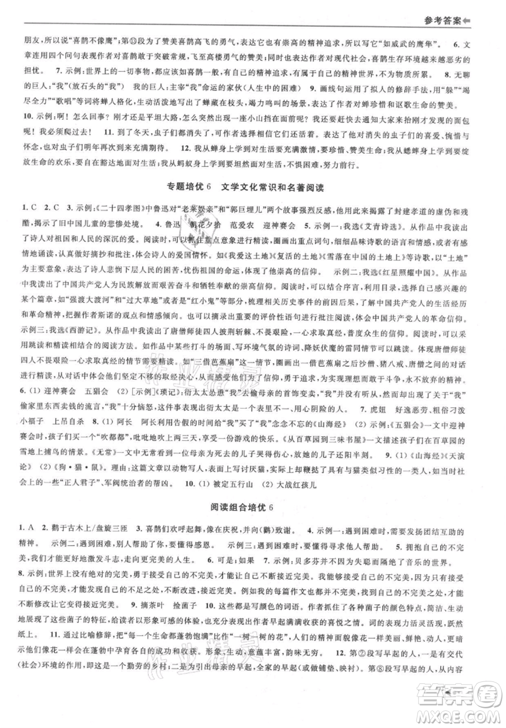 南京出版社2021暑期銜接培優(yōu)集訓(xùn)七年級(jí)語(yǔ)文人教版參考答案