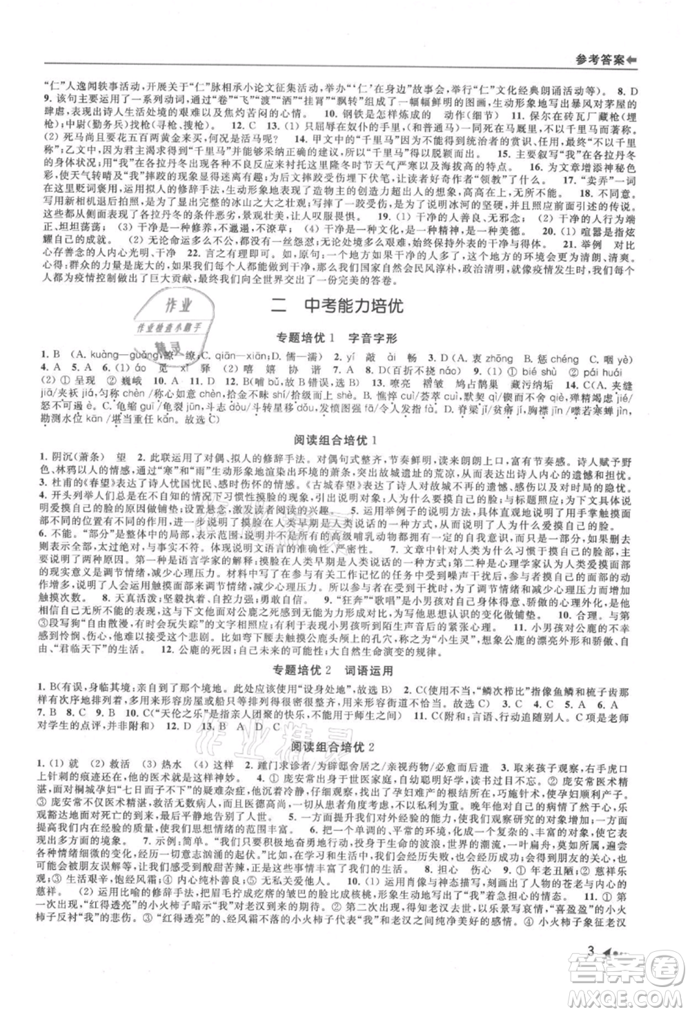 南京出版社2021暑期銜接培優(yōu)集訓(xùn)八年級(jí)語(yǔ)文人教版參考答案