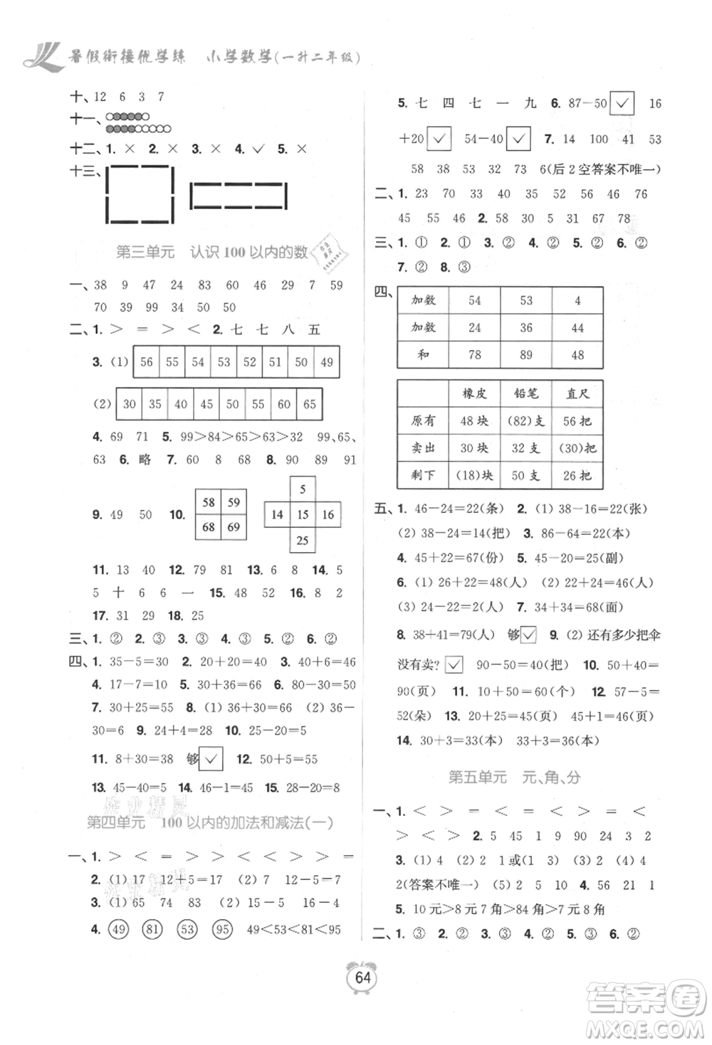 江蘇鳳凰美術(shù)出版社2021超能學(xué)典暑假銜接優(yōu)學(xué)練一年級數(shù)學(xué)江蘇版參考答案