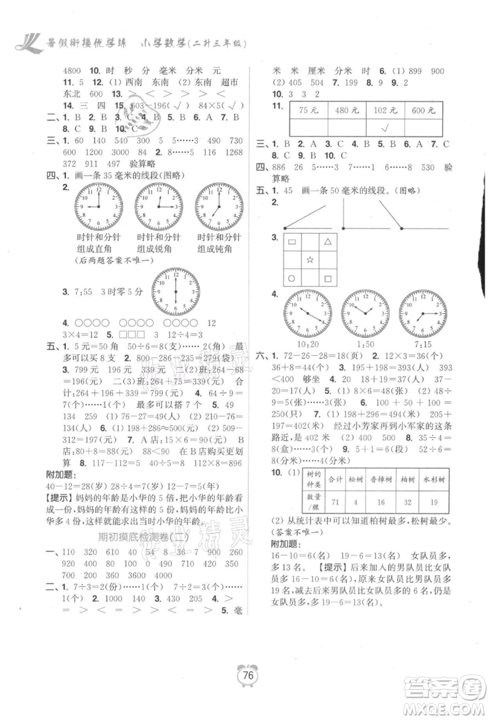 江蘇鳳凰美術(shù)出版社2021超能學(xué)典暑假銜接優(yōu)學(xué)練二年級(jí)數(shù)學(xué)江蘇版參考答案