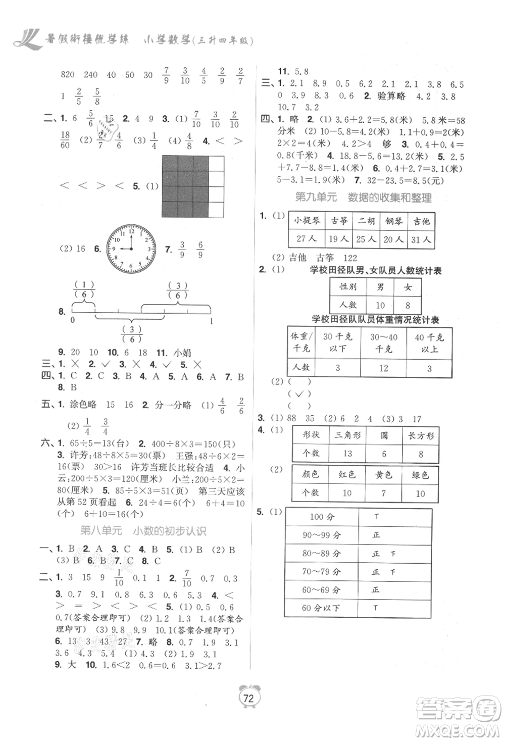 江蘇鳳凰美術出版社2021超能學典暑假銜接優(yōu)學練三年級數學江蘇版參考答案