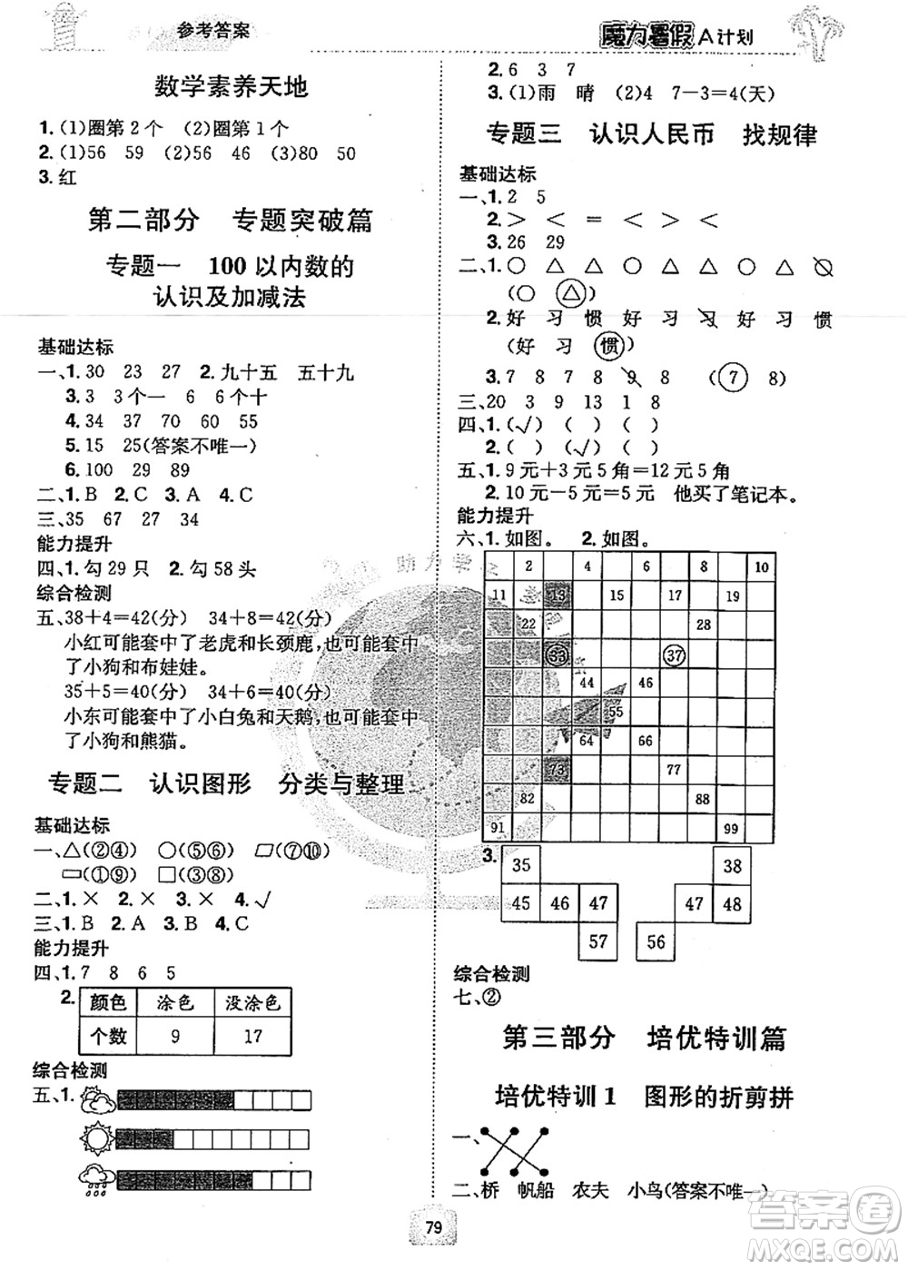 江西美術(shù)出版社2021魔力暑假A計劃一年級數(shù)學(xué)RJ人教版答案