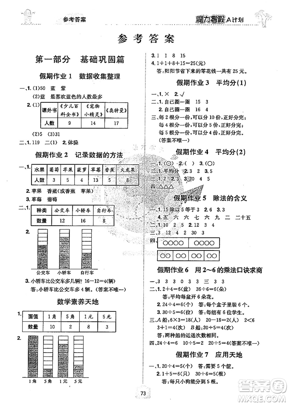 江西美術(shù)出版社2021魔力暑假A計劃二年級數(shù)學RJ人教版答案