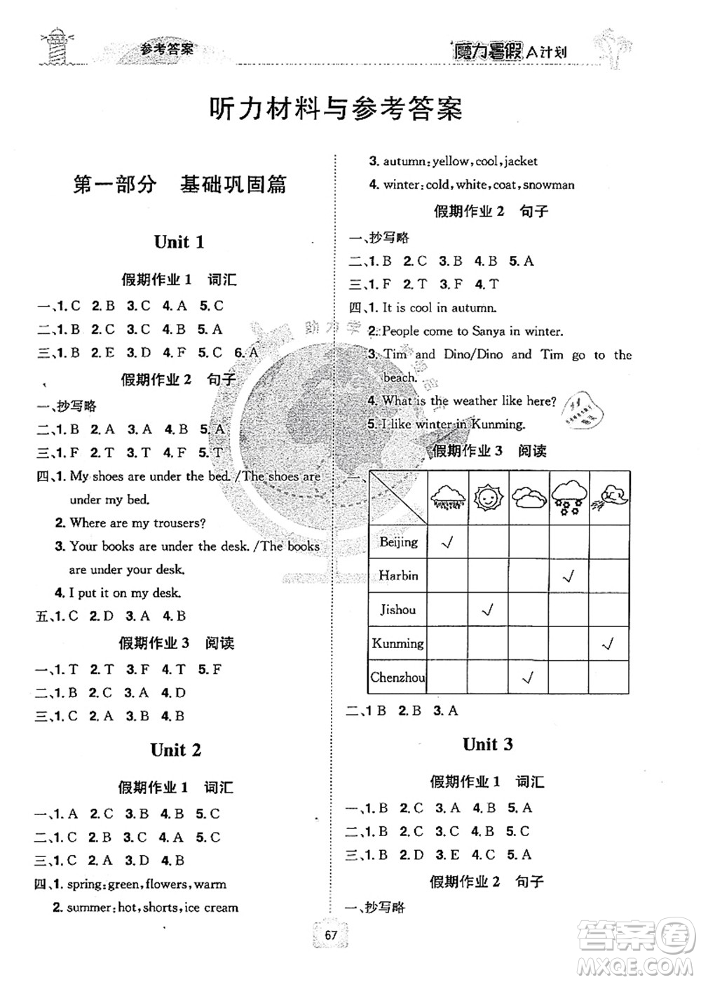 江西美術(shù)出版社2021魔力暑假A計(jì)劃四年級(jí)英語XS西師大版答案