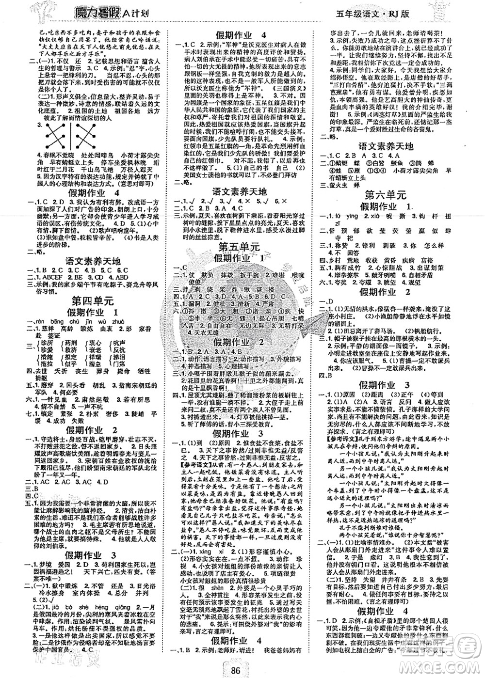 江西美術(shù)出版社2021魔力暑假A計劃五年級語文RJ人教版答案